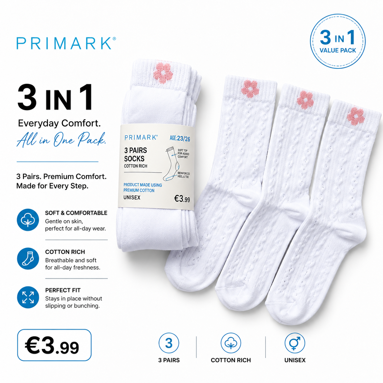 Primark 3in1 White Socks